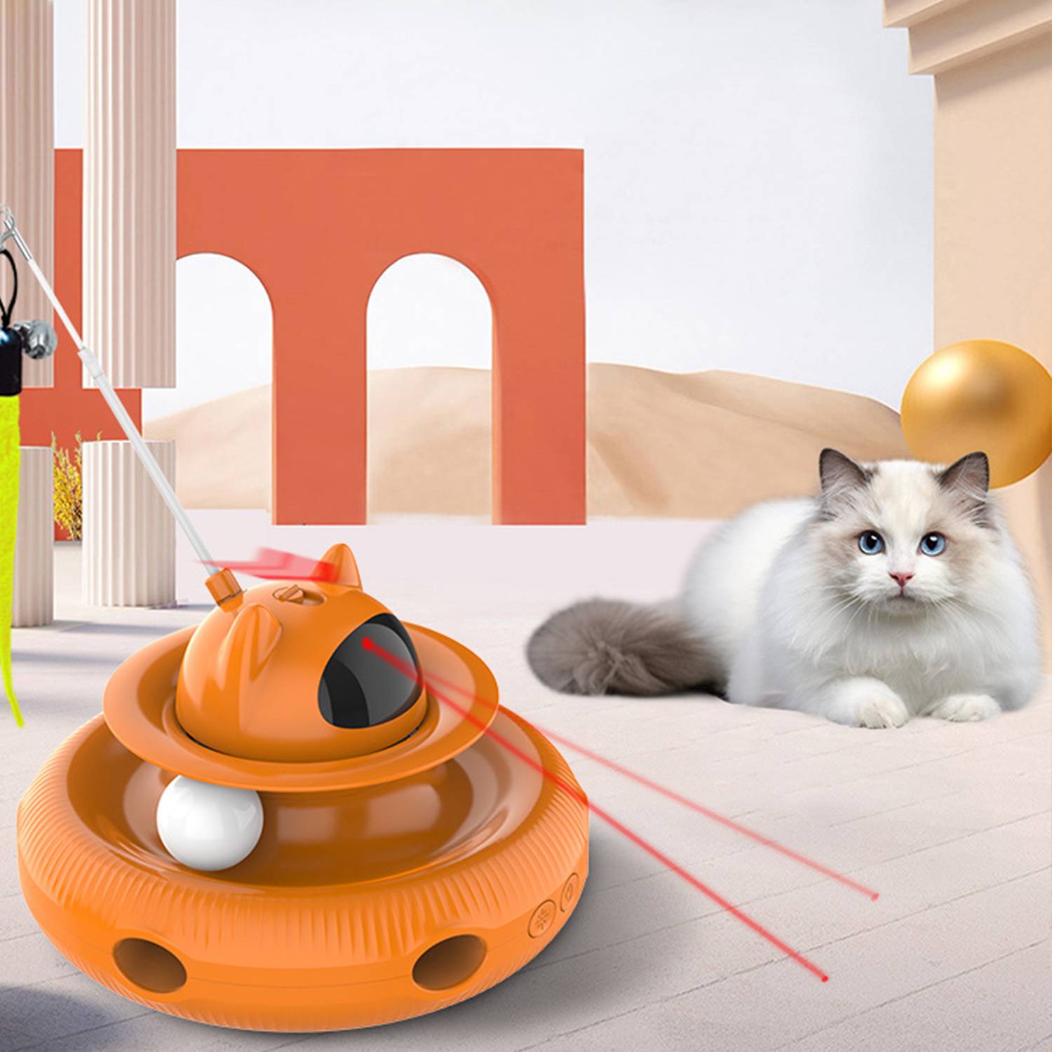 Indoor Interactive Cat Toy w/ Laser & Feather Wand 2