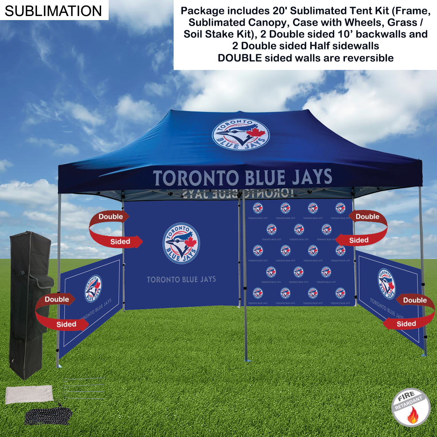 Full Tent Package 1, 20' Sublimated Tent, 2 DOUBLE sided 10' backwalls, 2 DOUBLE side half sidewalls 2