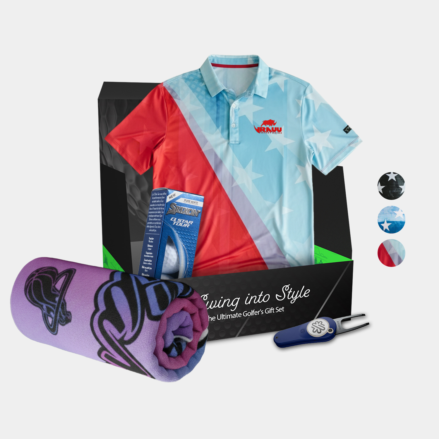 YATTA Golf® Patriot Men's Polo Shirt, Towel, Srixon® Golf Balls & Pitchfix® 2.5 Divot Tool Gift Set 2
