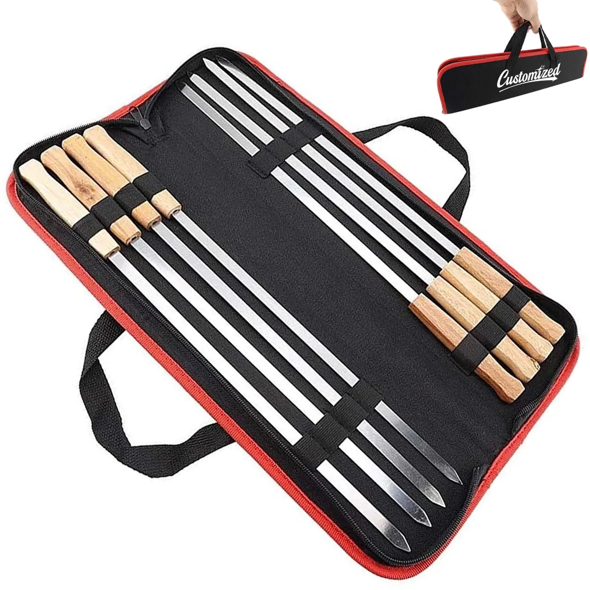 8-Piece Wooden Stainless Steel BBQ Forks Skewers Set w/ Bag 3