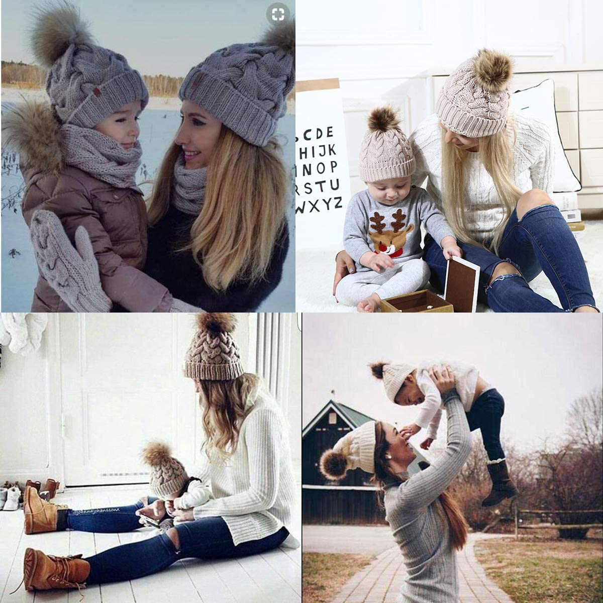 2PC Parent Kid Matching Beanie with Pom-pom 1