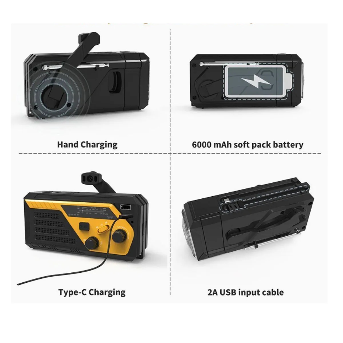 6000mAh Battery Powered SOS Alarm Emergency Hand Crank Radio 5
