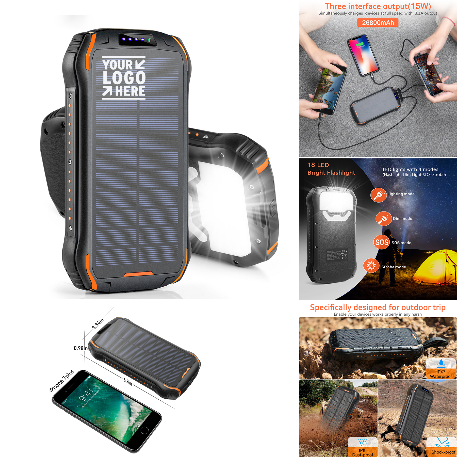 1 Type C 2 USB Ports Built-in Dual LED Flashlight 26800mAh Portable Phone Solar Charger Power Bank 