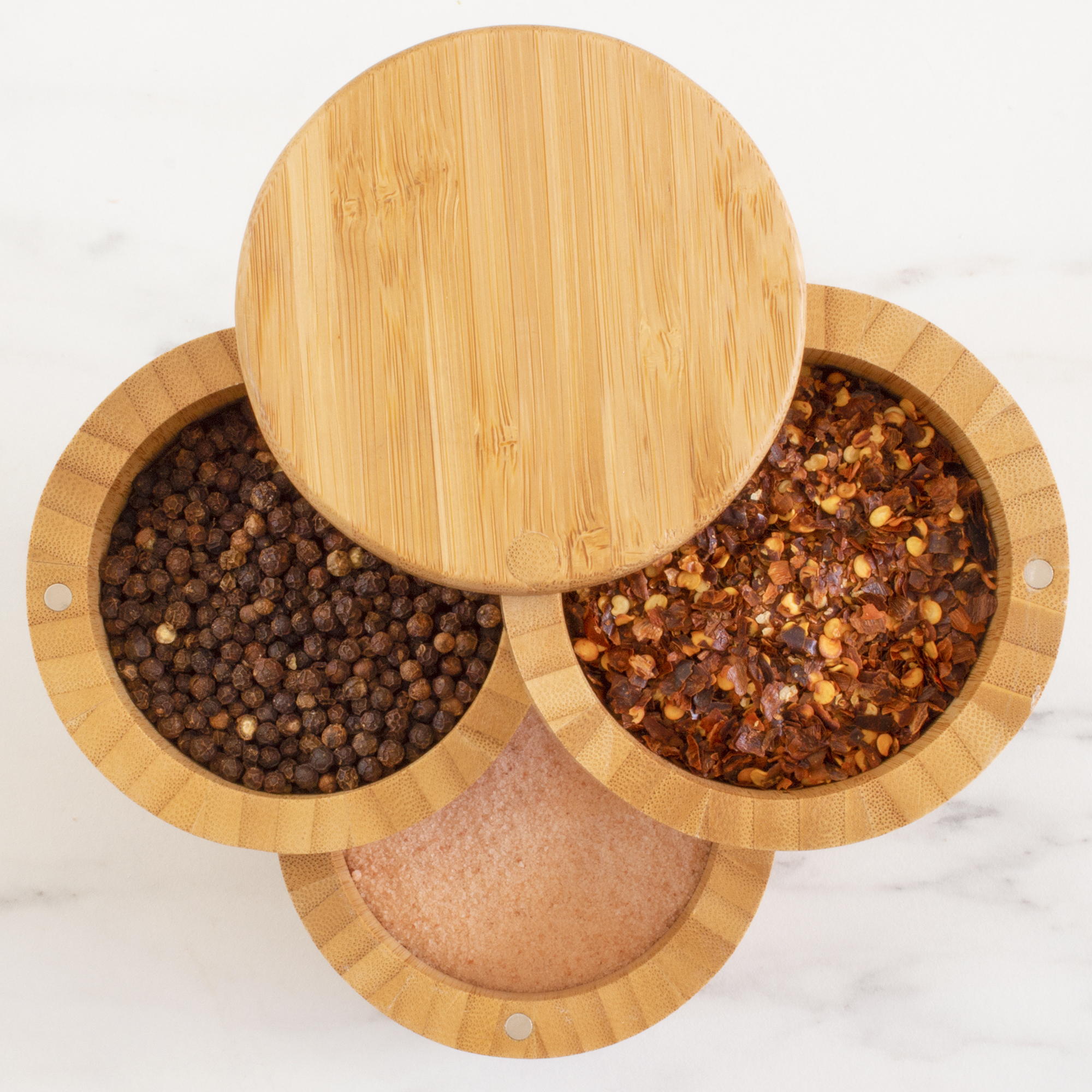 Tiered Triple Bamboo Salt Box with Magnetic Swivel Lids 7