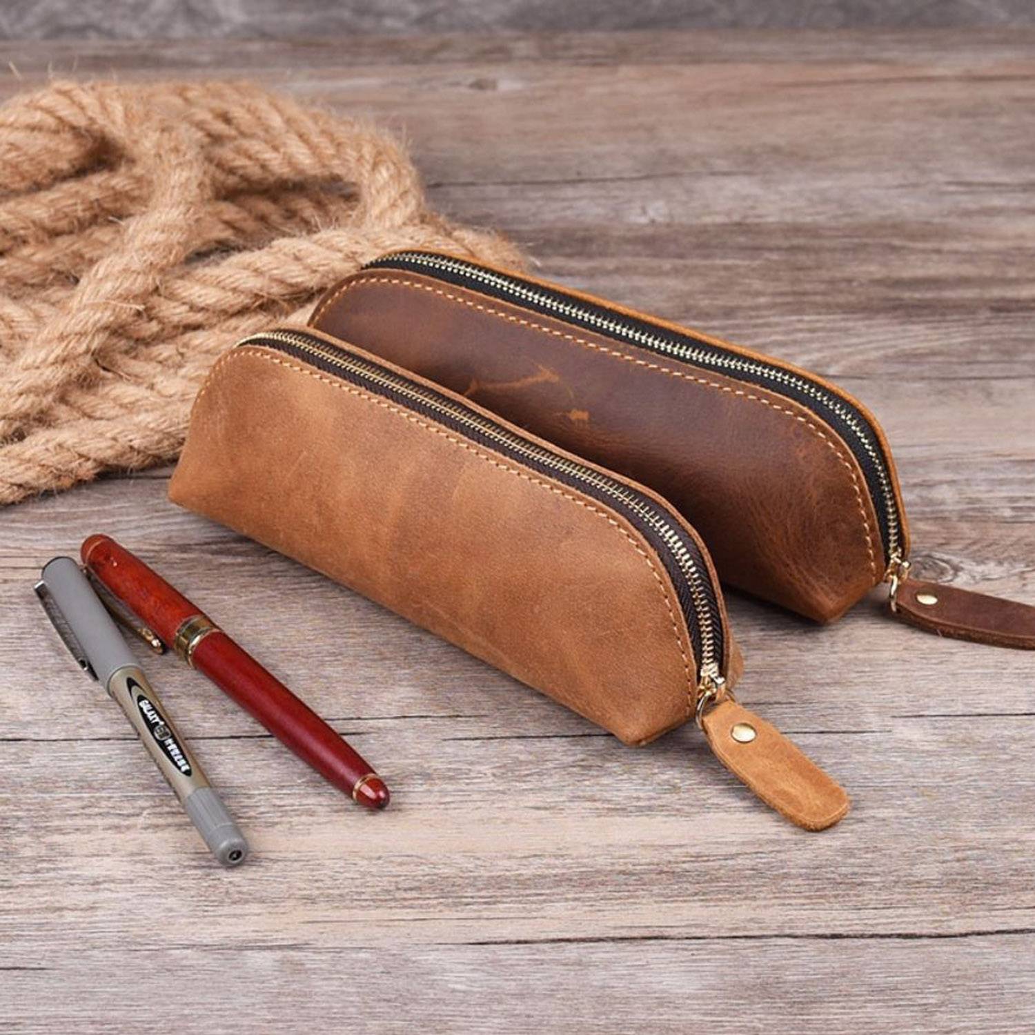 Crazy Horse Cow Handmade Leather Simple Stationery Pen Bag 3