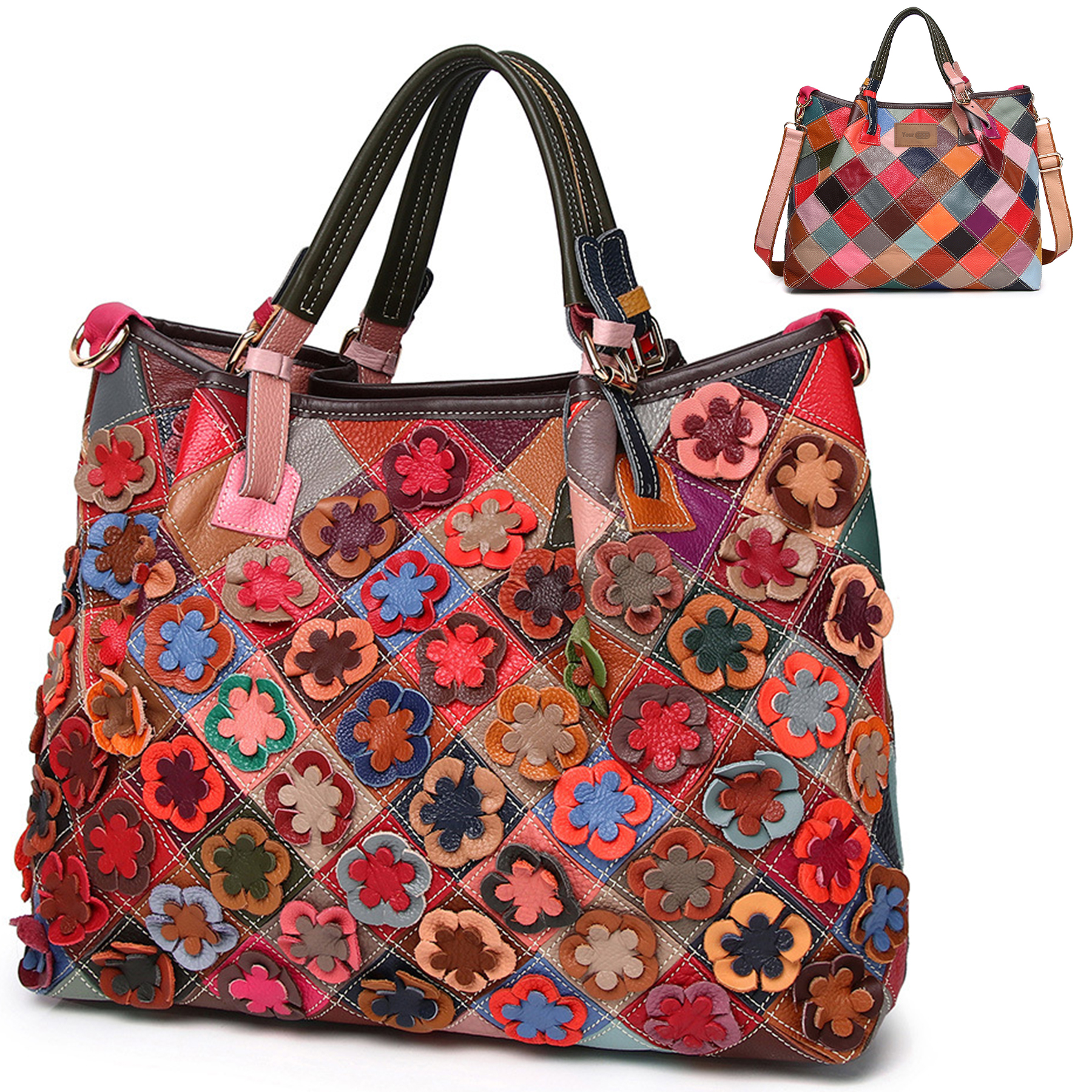 Genuine Leather Colorful flowers hand-paneled plaid tote bag 1