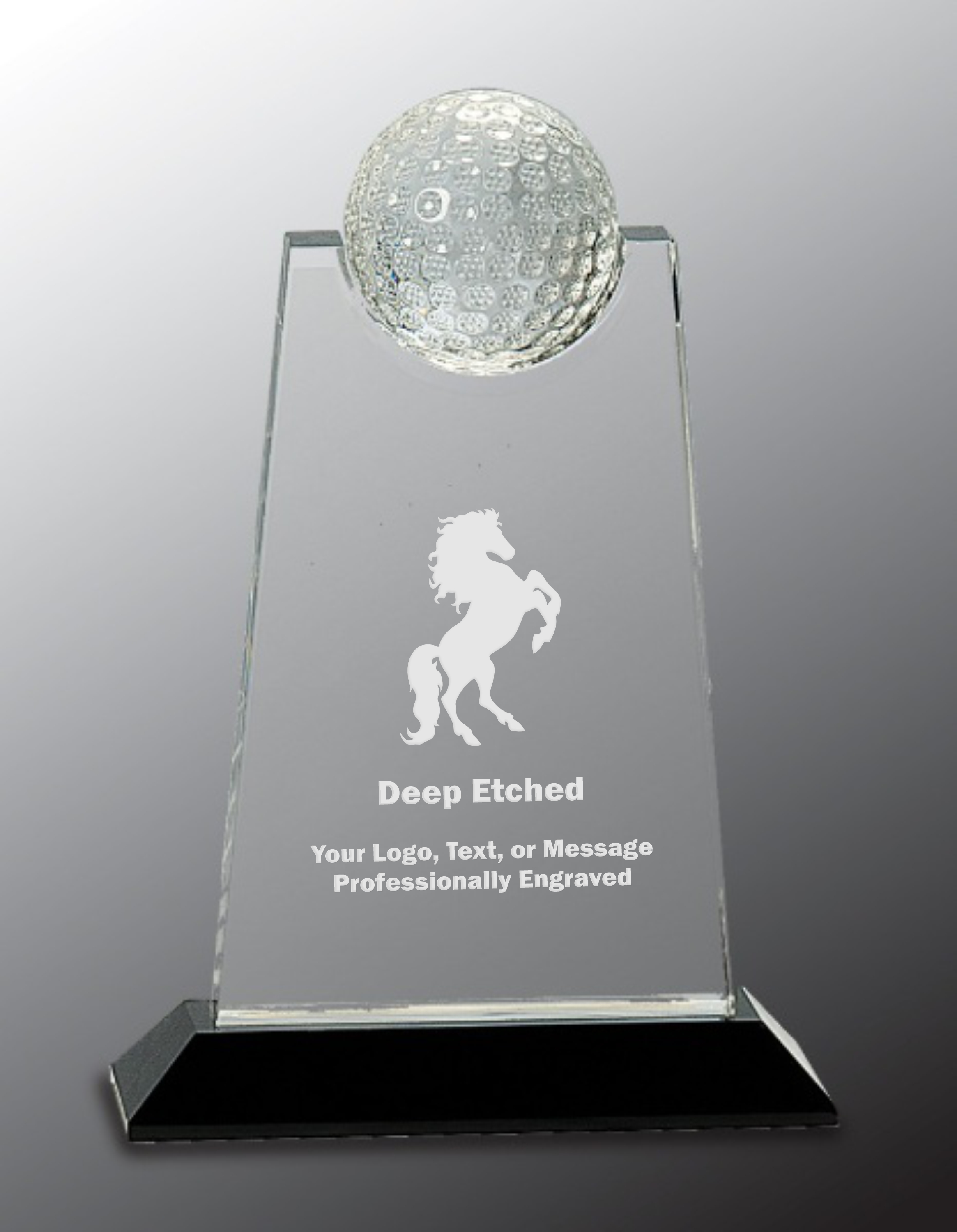 9" Clear Crystal Tablet with Inset Golf Ball on Black Pedestal Base Award