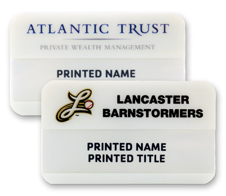 The Plato full color reusable name badge 1.75" X3" with .75" window 2