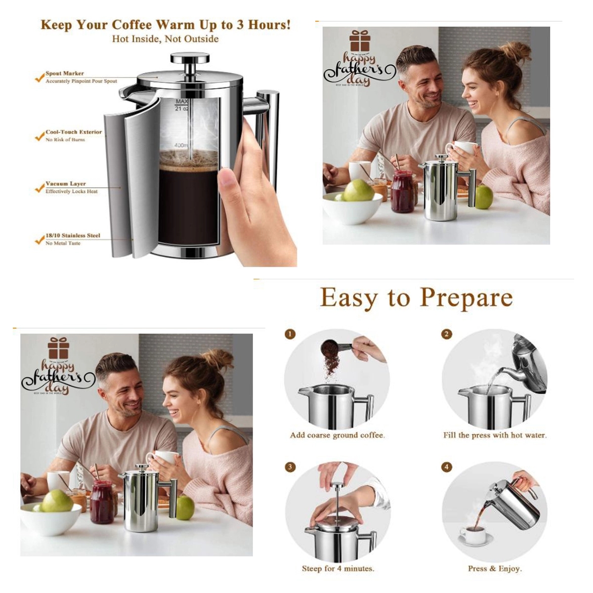 French Press Coffee Maker 304 SS 21oz 3