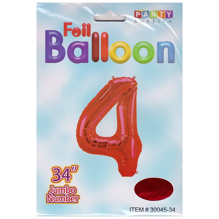 Mylar Number 4 Balloons - Red 34" 2