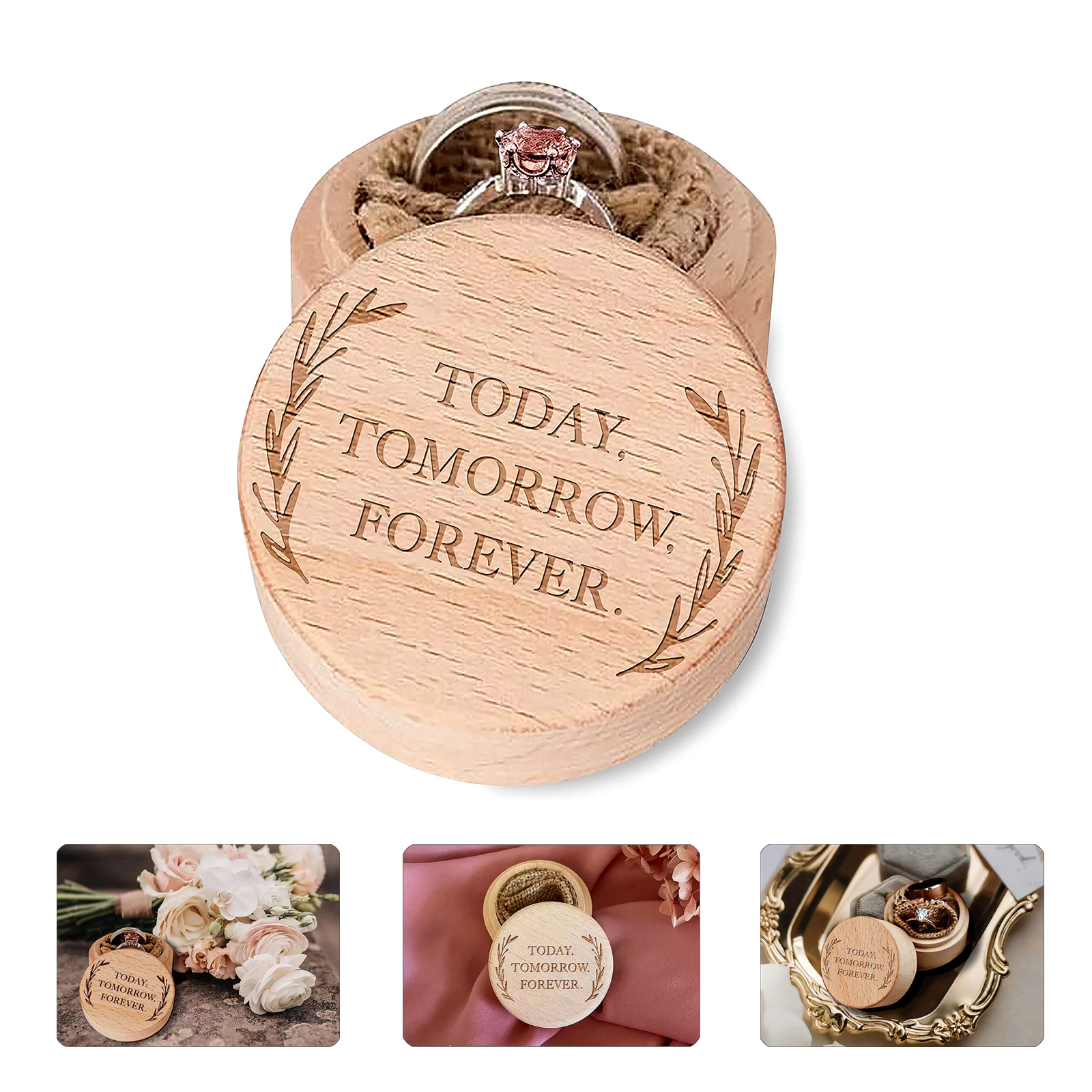 TODAY TOMORROW FOREVER Engraved Rustic Vintage Wood Engagement Jewelry Storage Ring Box