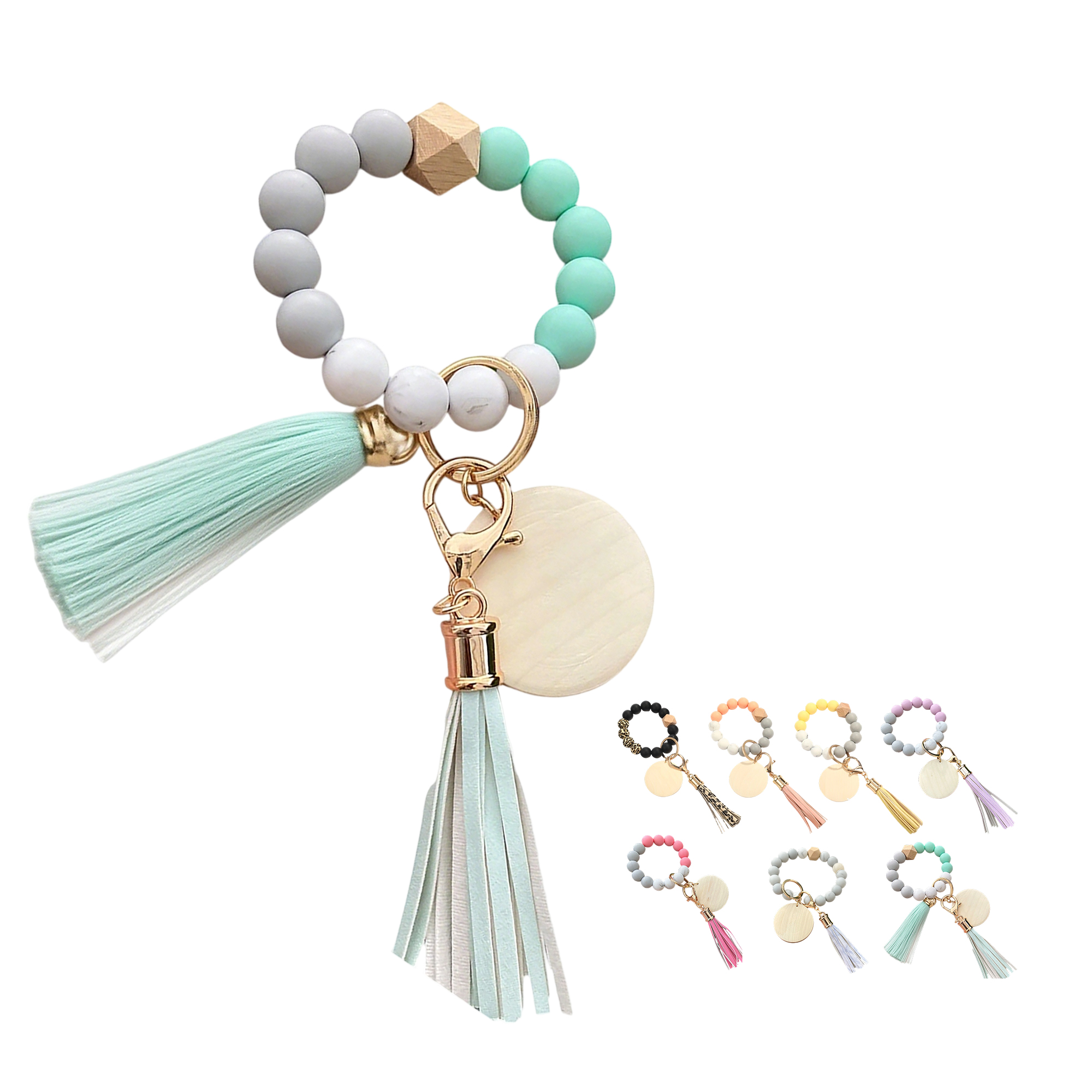 Silicone Bead Wood Bracelet Keychain With Laser Engraving 2