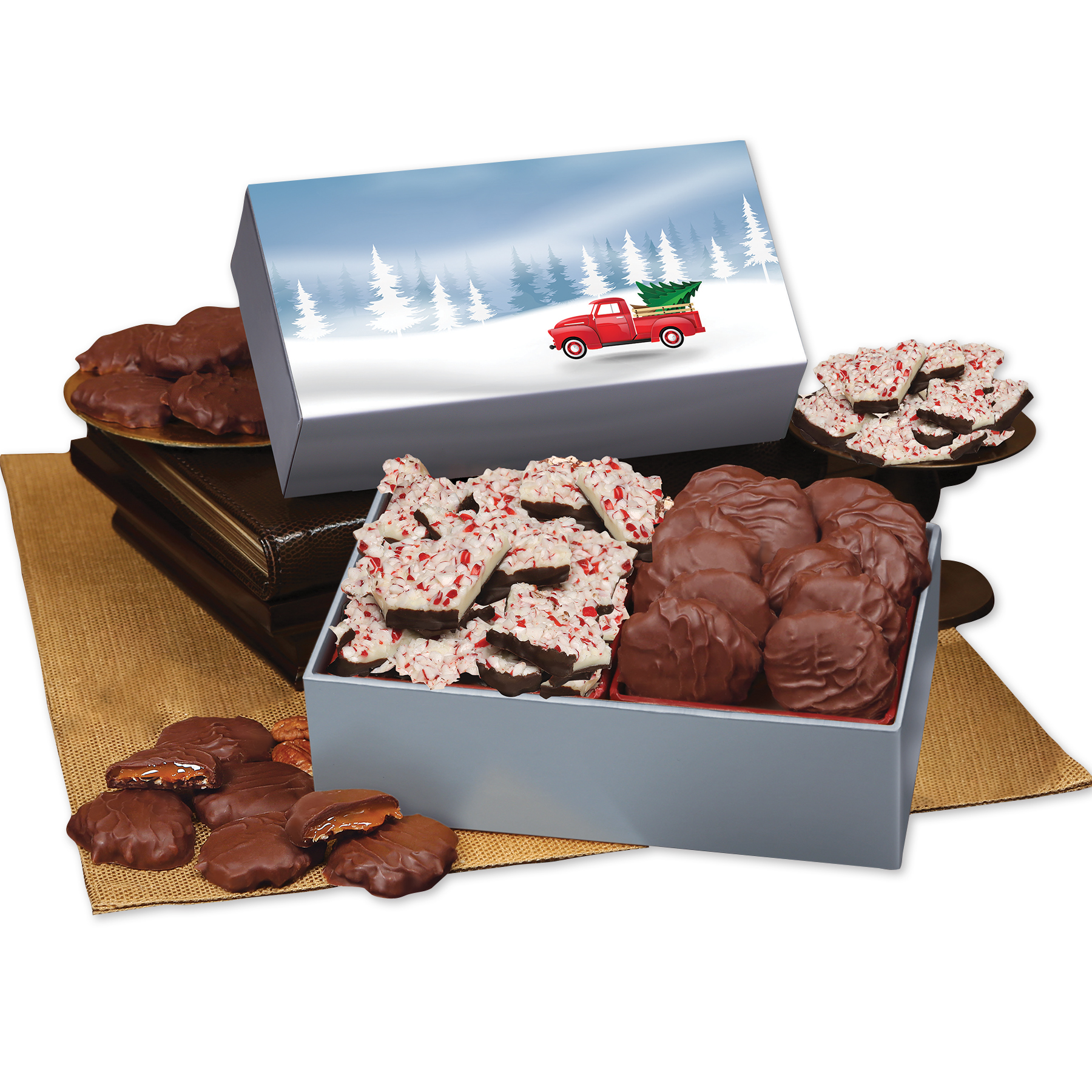 Peppermint Bark & Pecan Clusters in Gift Box with Red Truck Sleeve 3