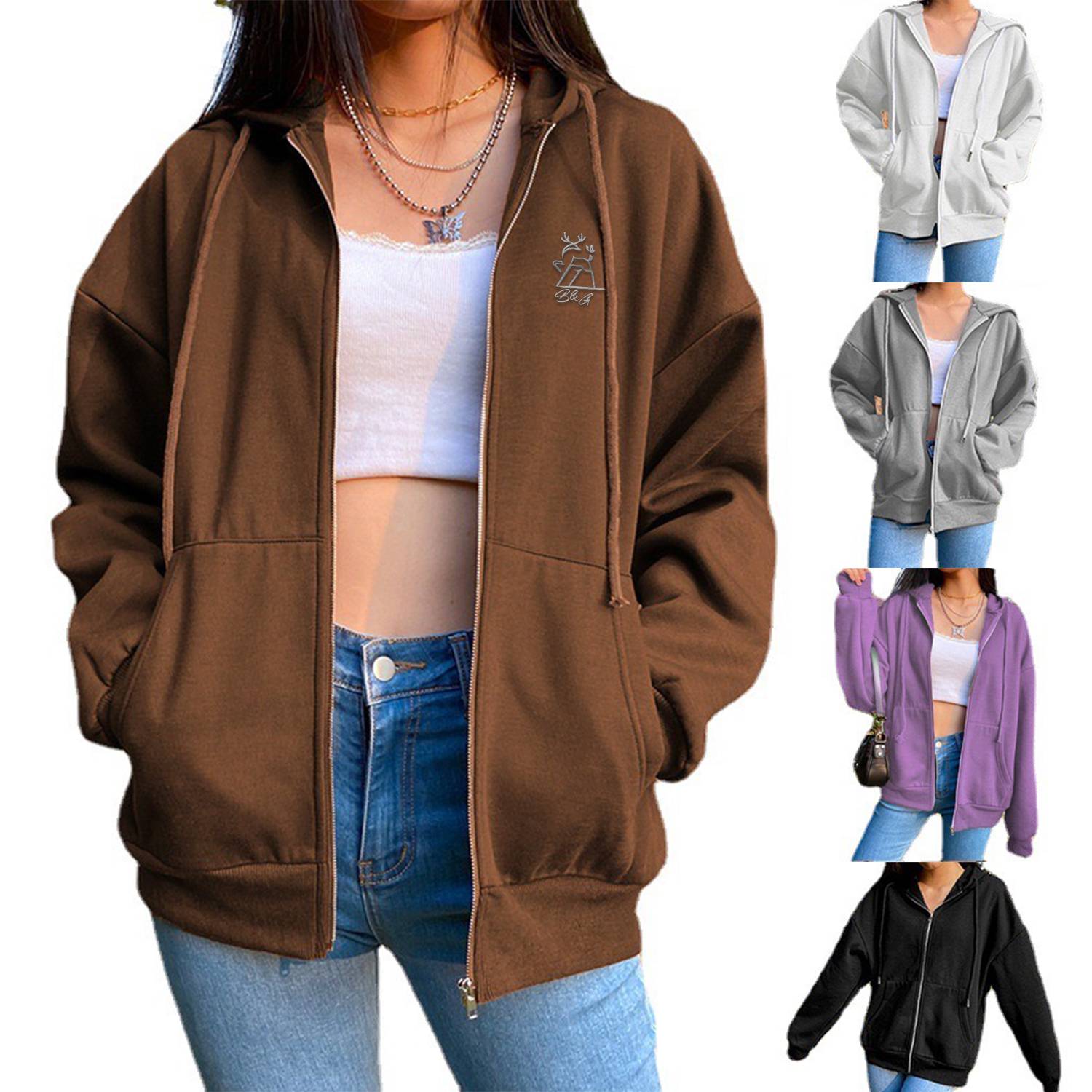 Oversized Hoodies for Women Full Zip Up Long Sleeve, custom hoodie or sweatshirt with logo imprint 2