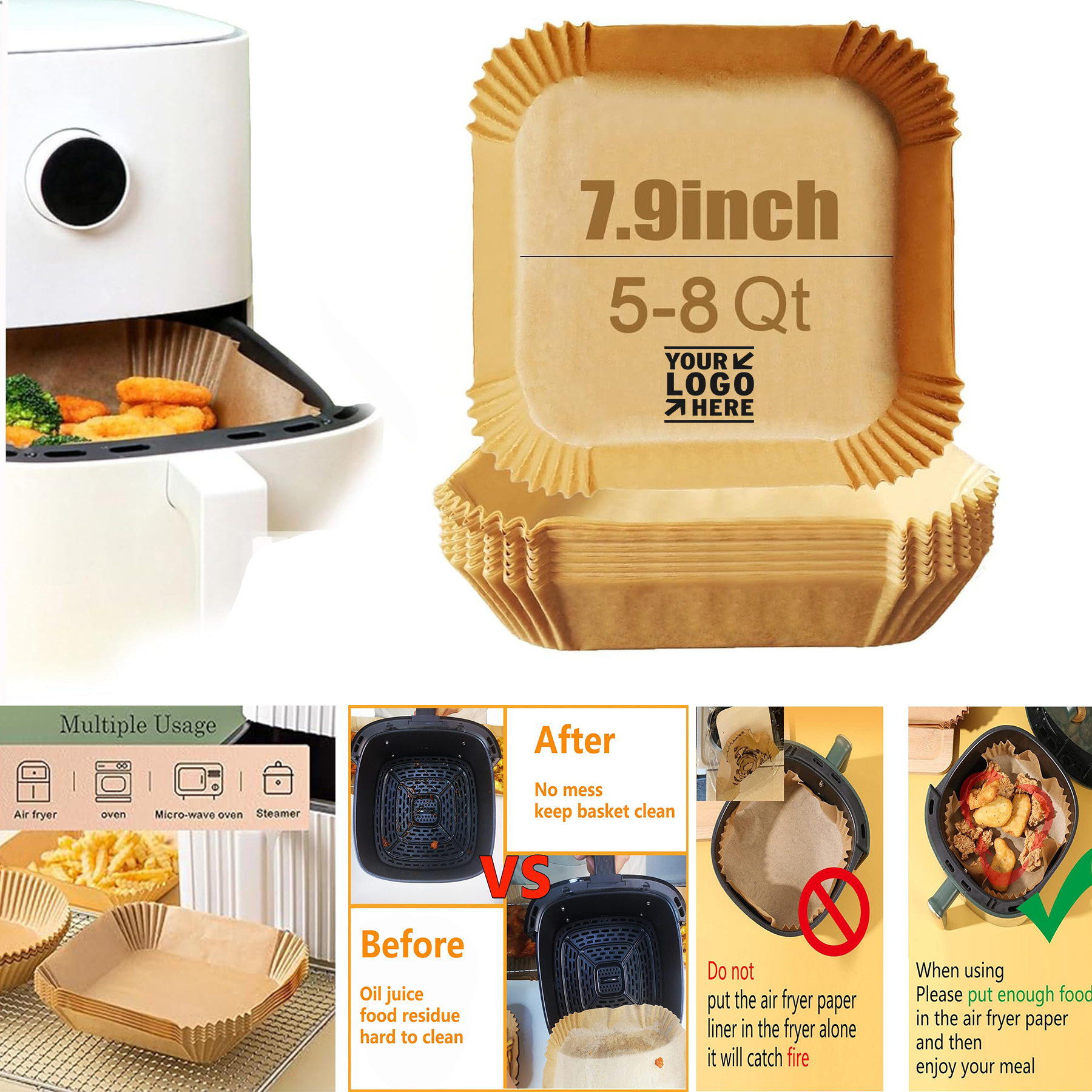 7.9In Square Waterproof Oil-Proof Air Fryer Non-Stick Baking Parchment Disposable Paper Liner 2