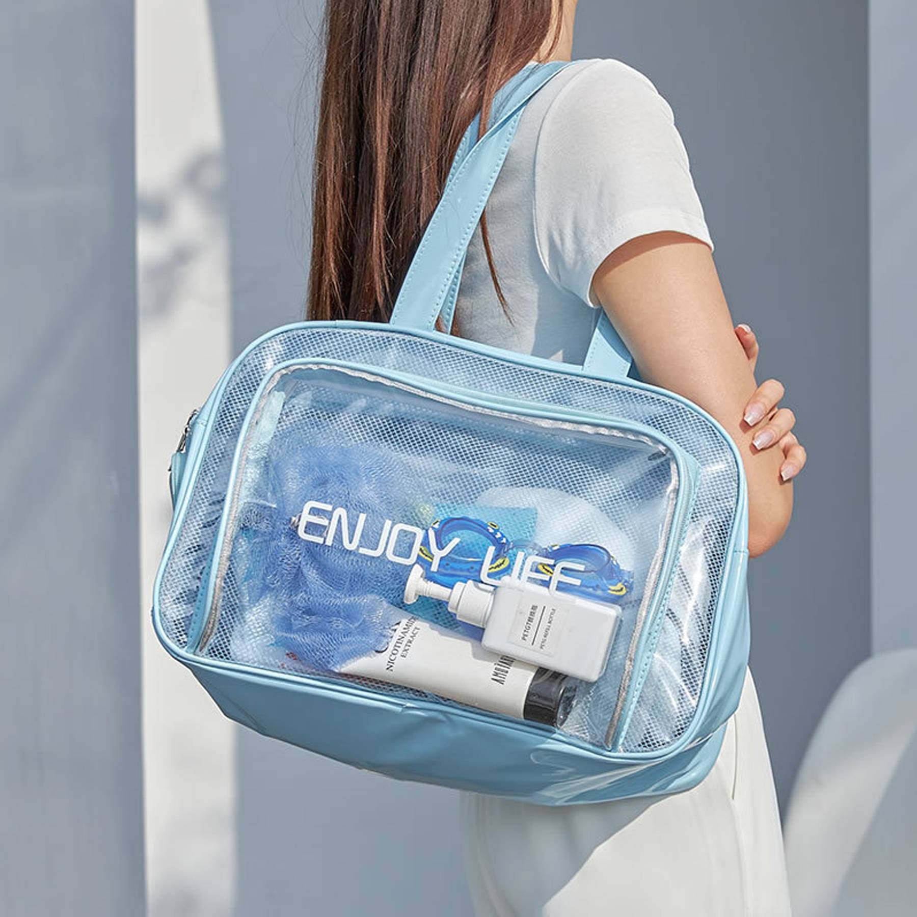 PVC Clear Dry Wet Separation Makeup Bag Handbag 6