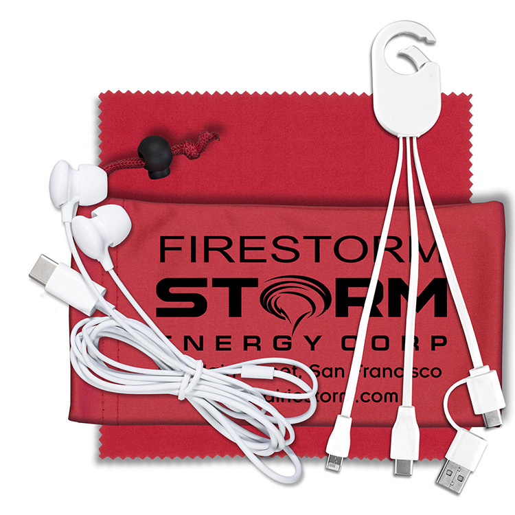 Mobile Tech Charging Kit with Earbuds in Microfiber Cinch Pouch Components inserted into Microfiber 7