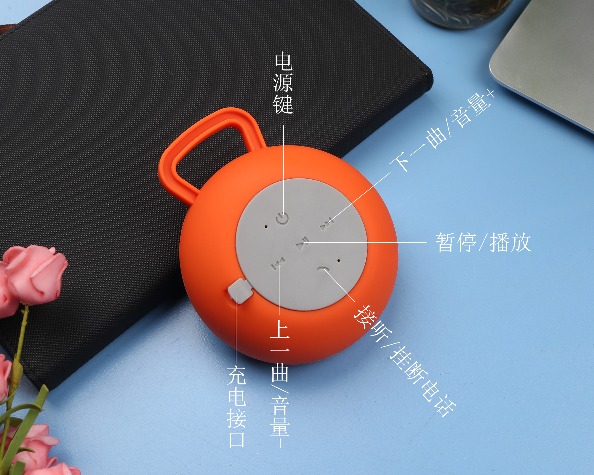 Round Fabric Wireless Bluetooth Speaker with Carabiner 5