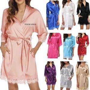 Women's Sexy Lace Lingerie Solid Color Belt Bathrobe Short Sleeved Nightgown 1