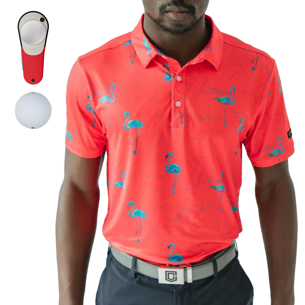 YATTA Golf® Flamingo Men's Polo Shirt, Srixon® Golf Balls & Pitchfix® Icon Divot Tool Gift Set