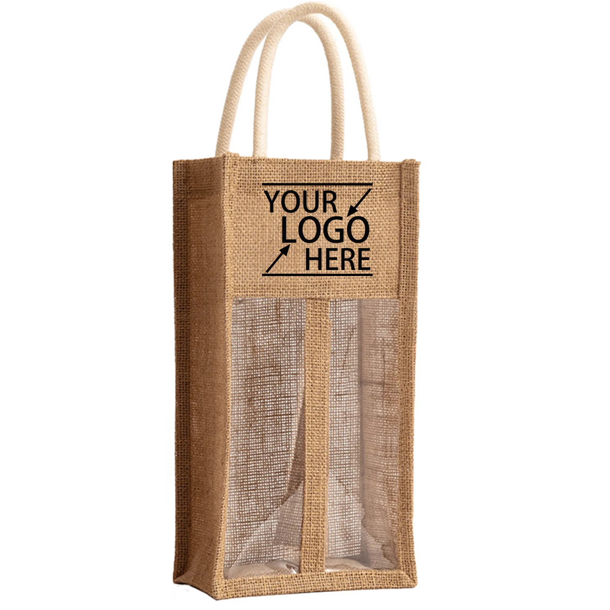 Jute Transparent Double-Bottle Wine Tote Bag 1
