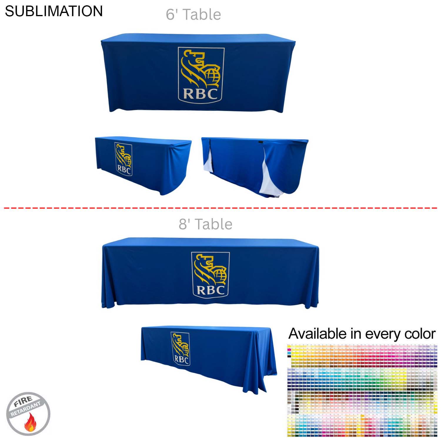 48Hr Quick Ship - Sublimated PREMIUM Convertible Table Cloth, Converts from 8' to 6', Drape style 2