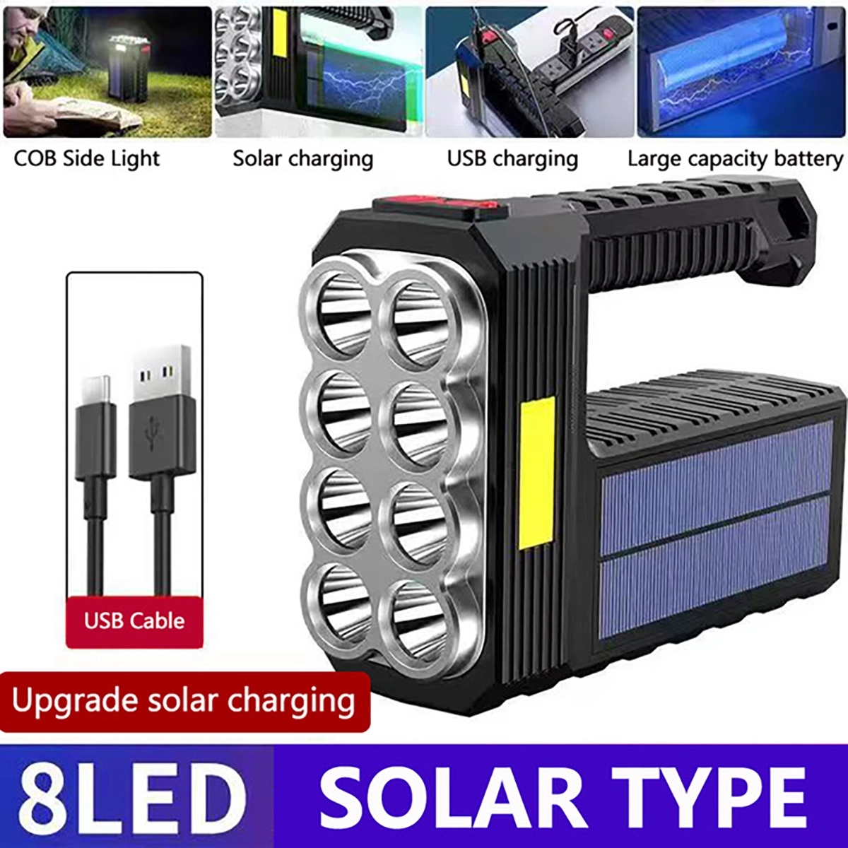 Solar Rechargeable Flashlight With Cob Sidelight 8