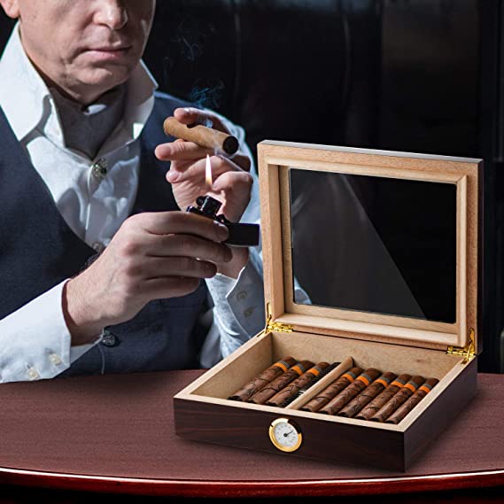 Cedar Cigar Desktop Box w/ Humidifier and Front Hygrometer 8