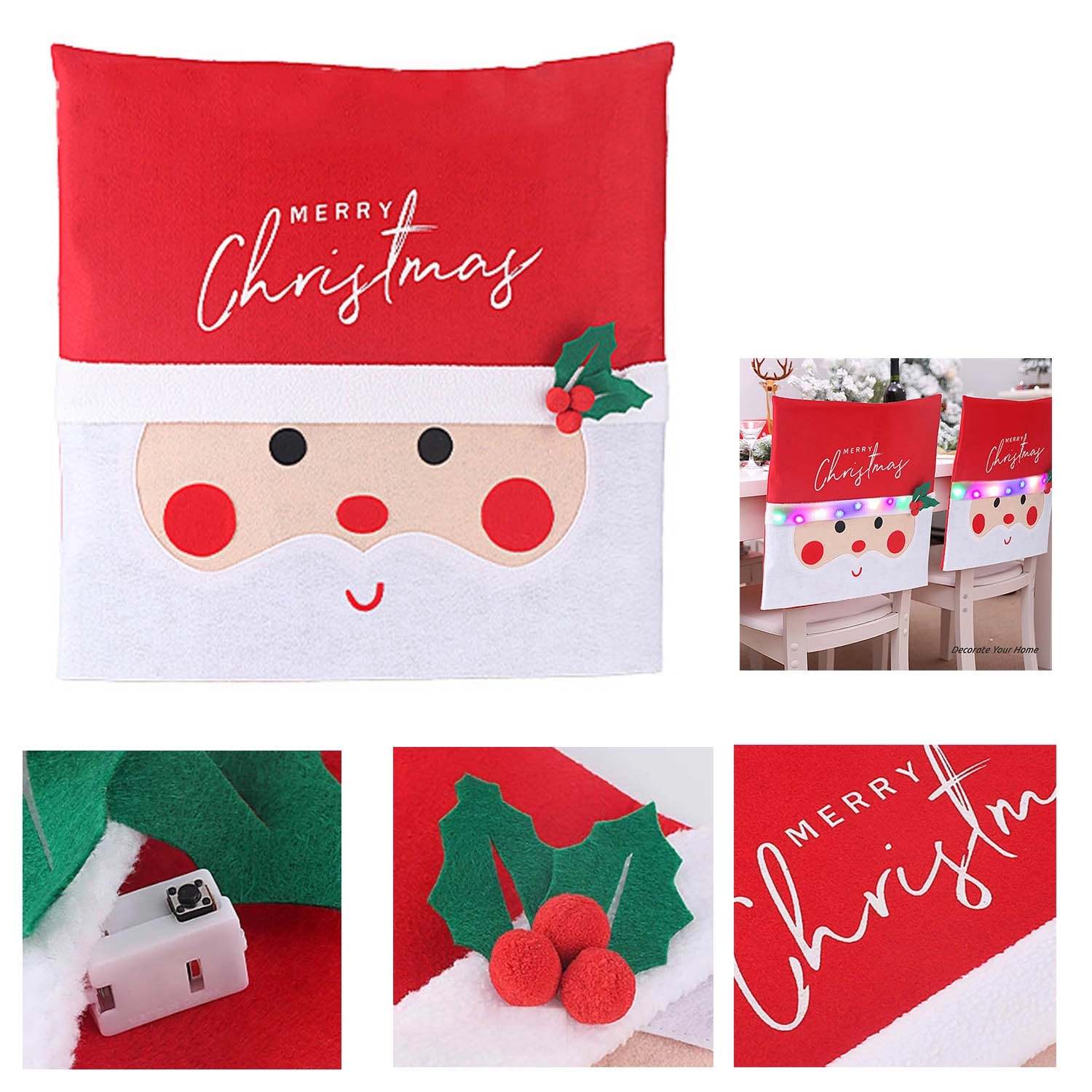 Led Santa Claus Hat Slipcover Xmas Chair Back Cover 3
