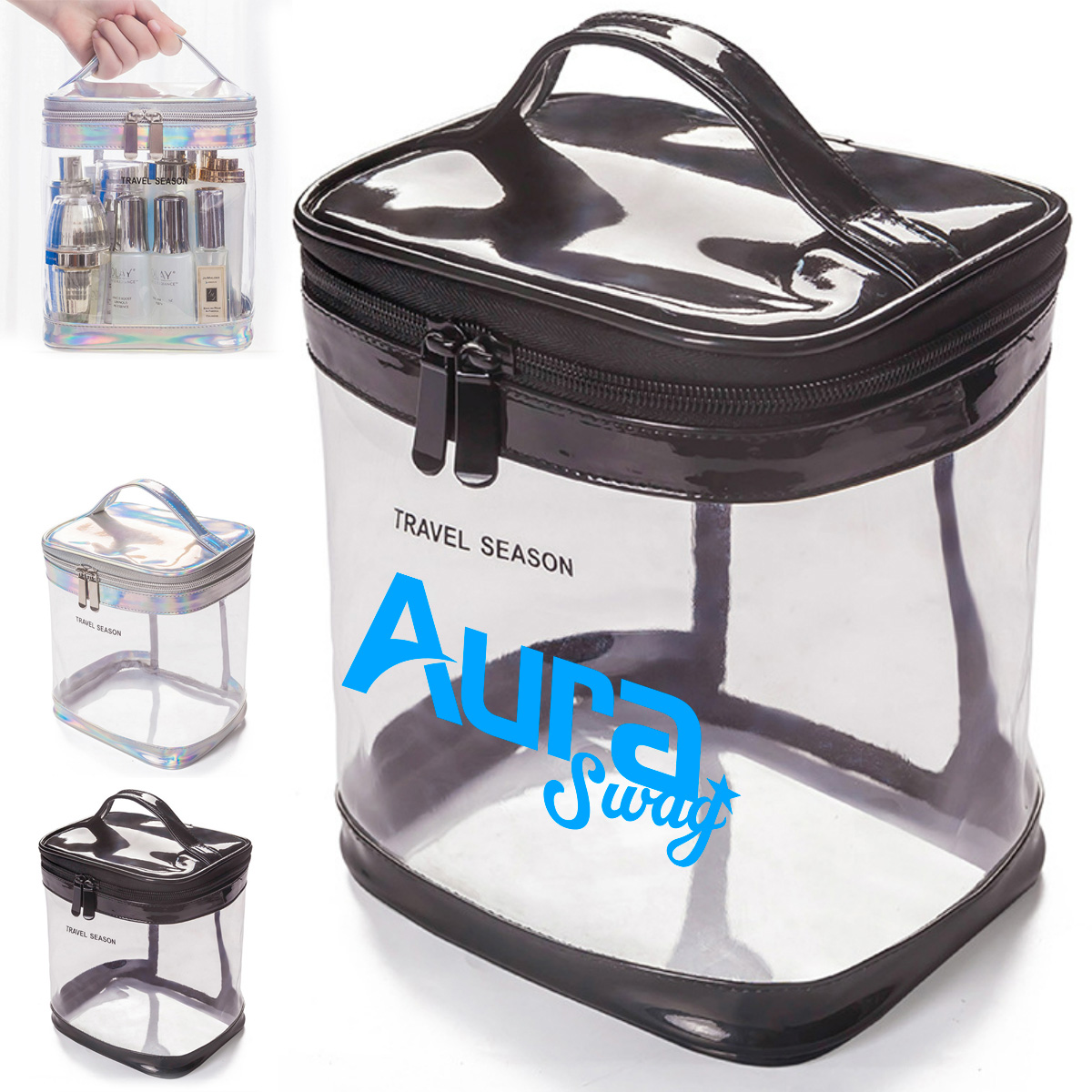 Holographic Transparent PVC Cosmetic Bag with Zipper Handle