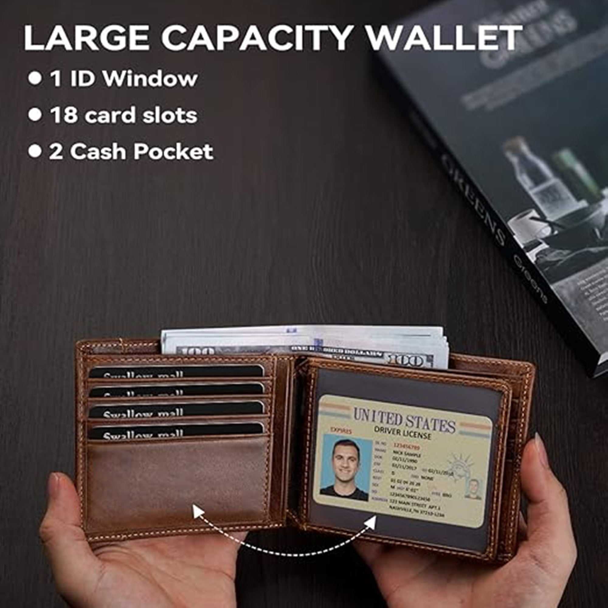 Mens Genuine Leather Wallets ID Window 16 Card Holders 3