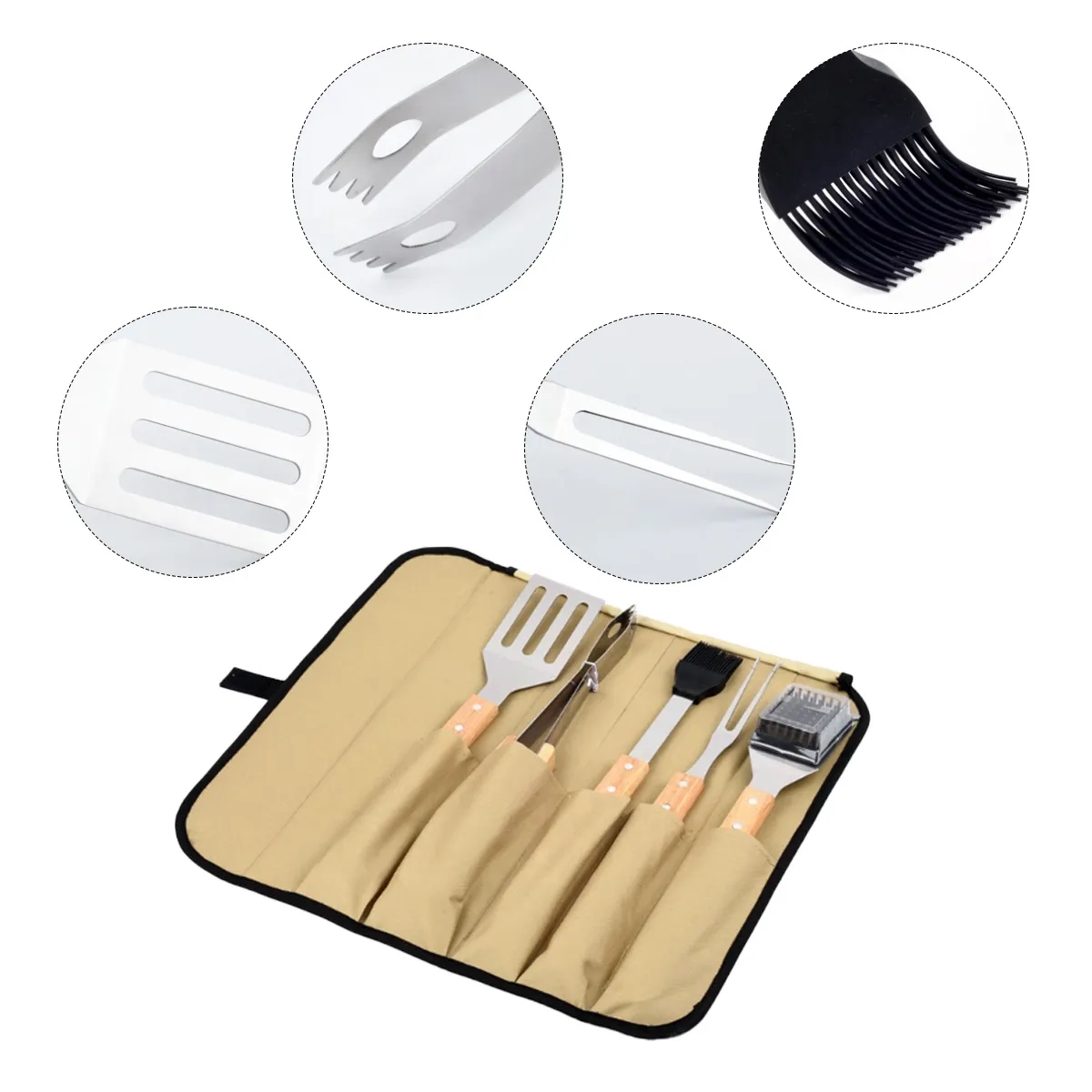 5-Piece BBQ Grill Tool Set With Wooden Handles 3
