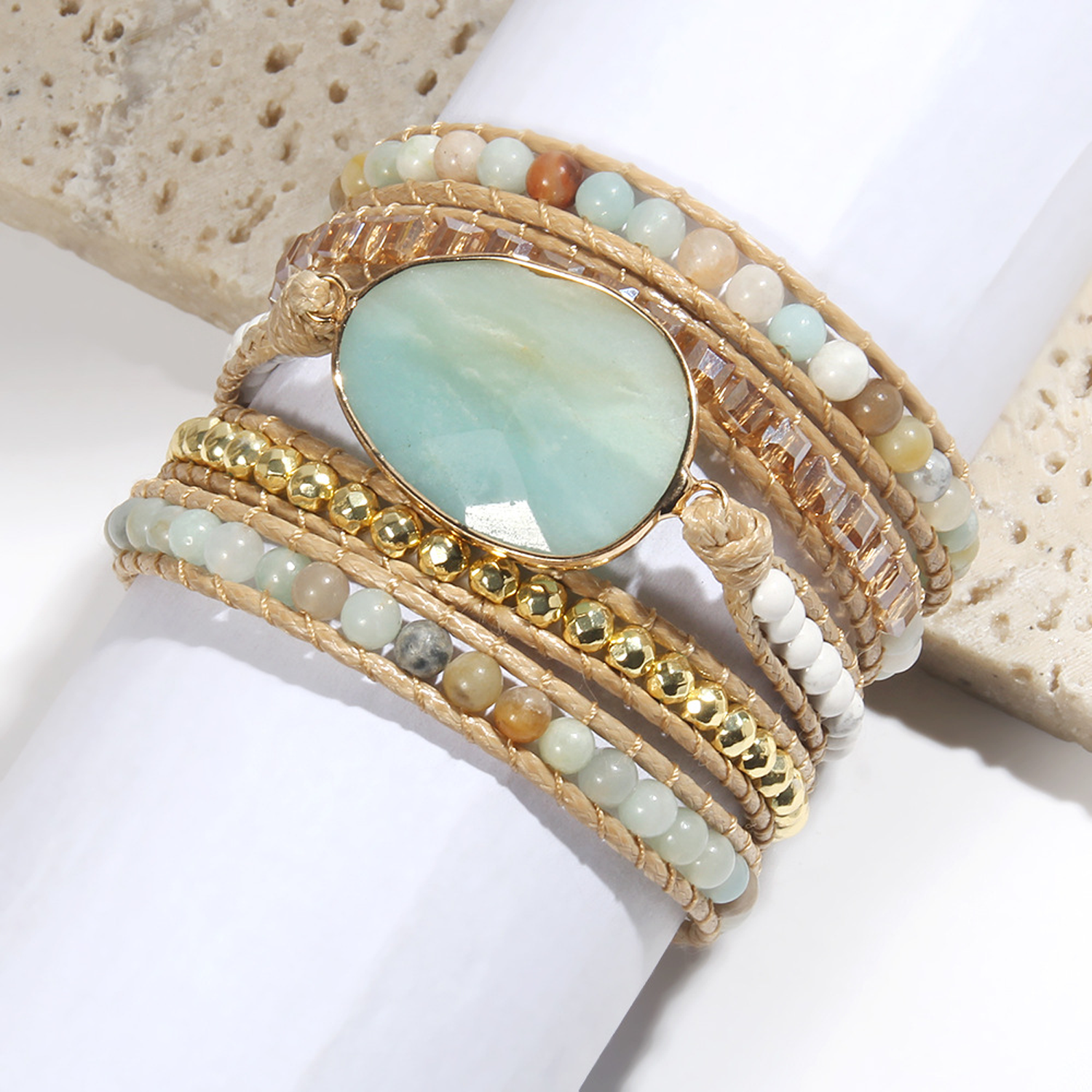 Natural Stone Crystal Leather Bead Wrap Bracelet 5