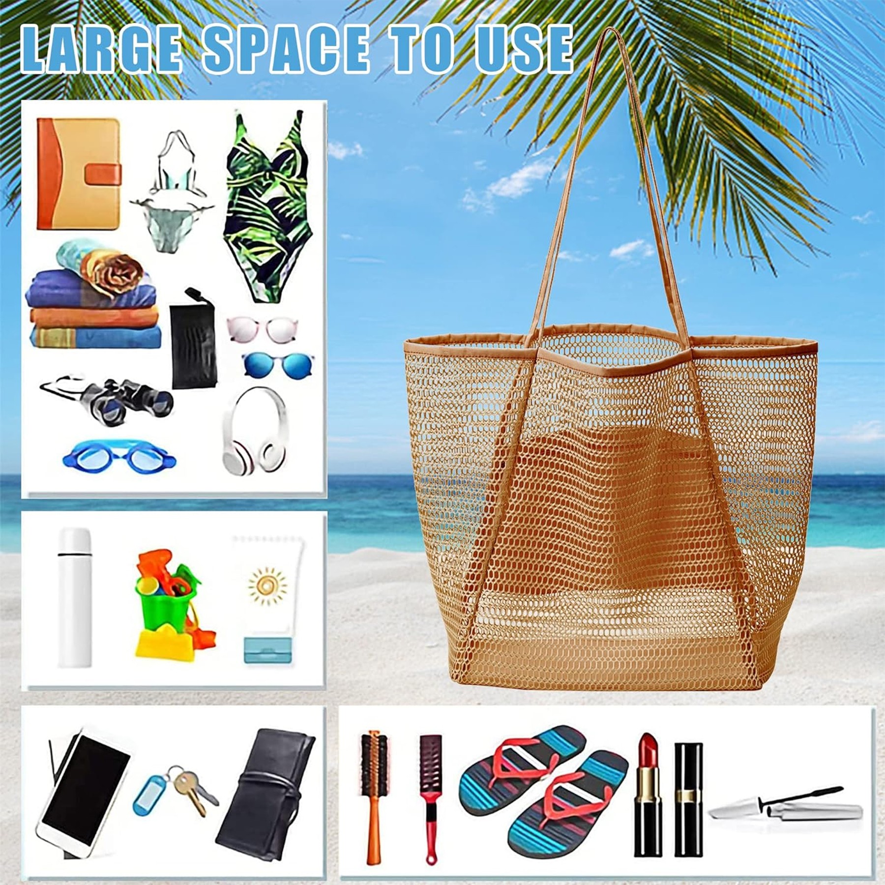 Mesh Beach Tote Shoulder Handbag, custom tote bag with logo imprint 2
