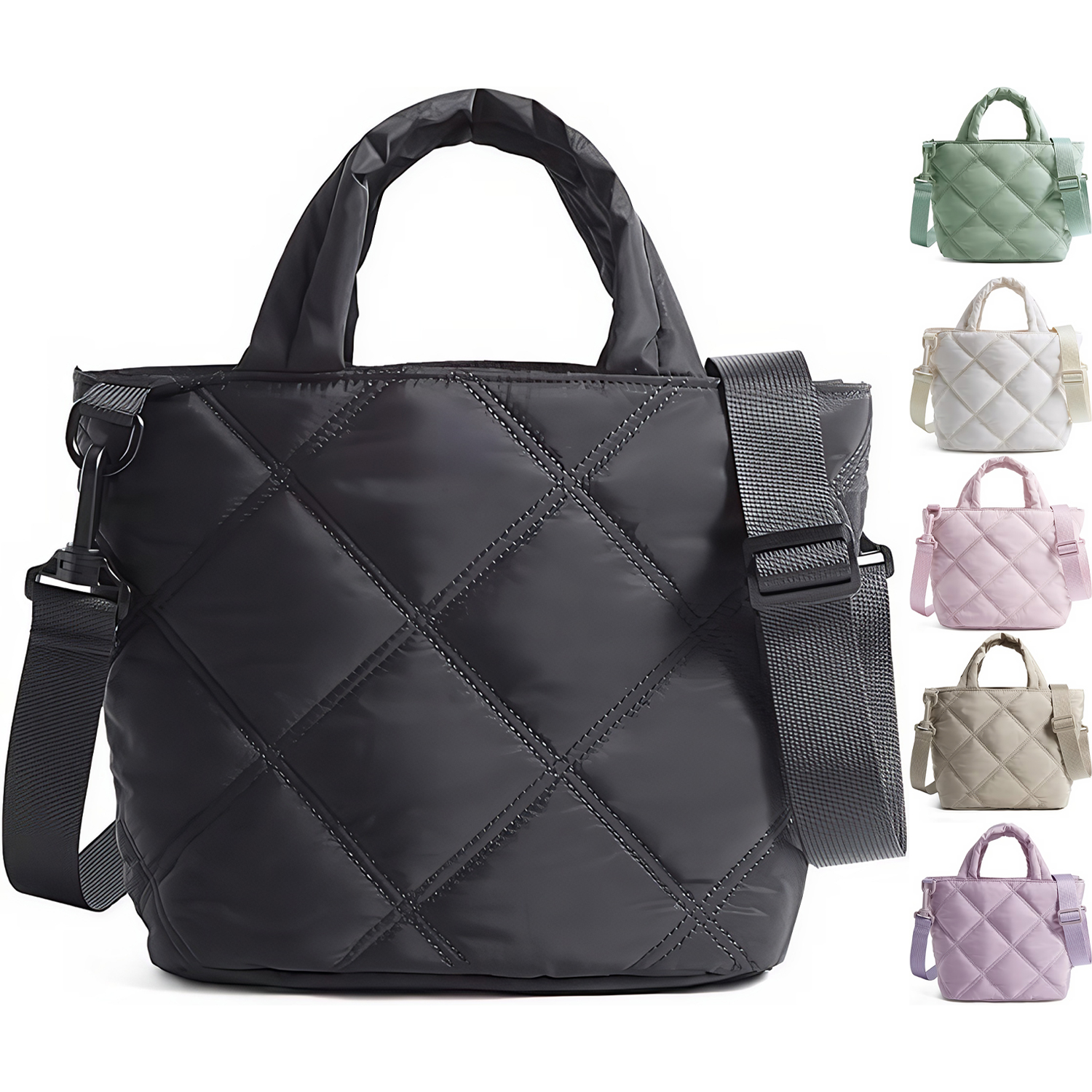 Nylon Puffer Quilted Crossbody Tote Bag w/ Handle 7