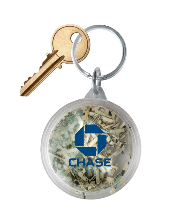 USA Made, Round Shaped Key Tag filled with Shredded Genuine US Currency 1