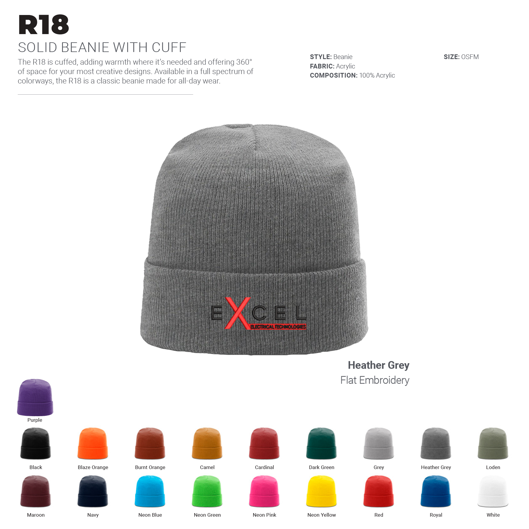 Richardson R18 Cuffed Solid Beanie w/ Embroidery 10