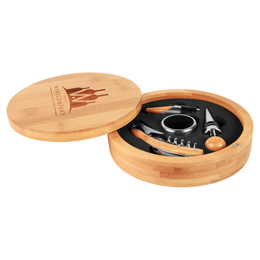 6 1/4" Round Bamboo 4-Piece Wine Tool Set 2