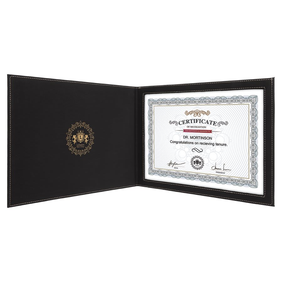 9" x 12" Black/Gold Leatherette Certificate Holder for 8 1/2" x 11" 2