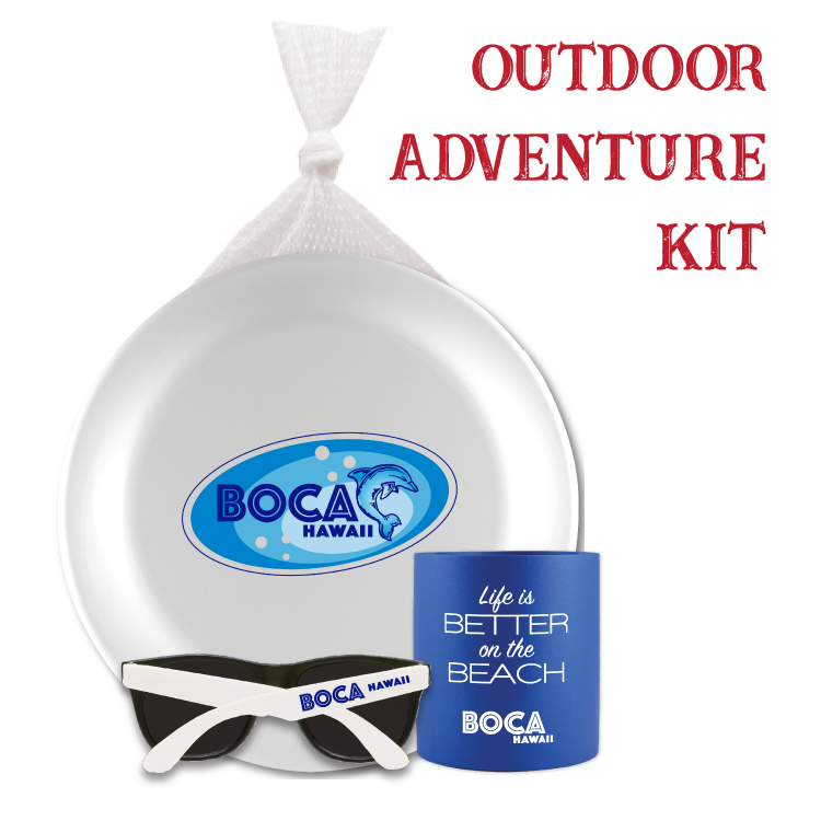 Outdoor Adventure Kit with 9.25" Flyer, Can Coolie and Sunglasses in a Mesh Bag