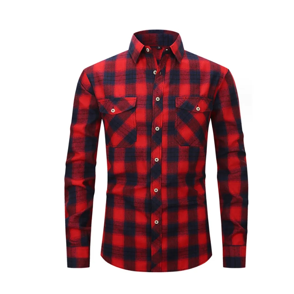 Brushed Plaid Shirt Long Sleeves Double Pockets 13