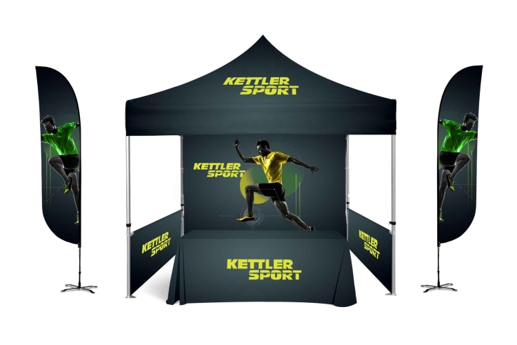 10x10ft Premium Kit-White Steel Frame Tent w/Rear Wall & 2 Half Side Walls, two 12ft Feather Flags 10