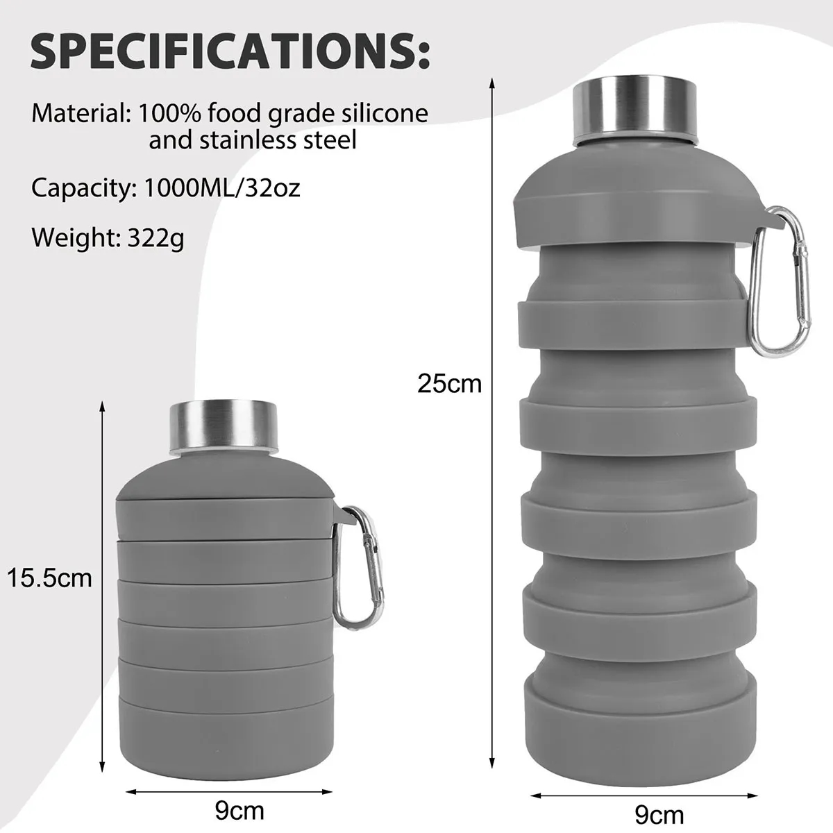In Stock 1000ML Silicone Foldable Collapsible Water Bottle 6