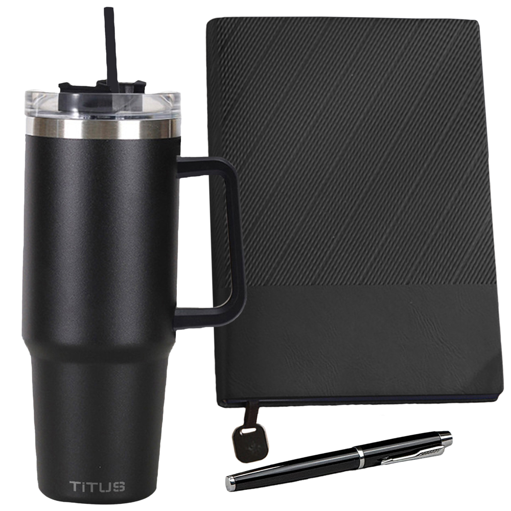 TiTUS® 30 oz Travel Mug, Executive Corduroy Notebook & Pen Gift Set