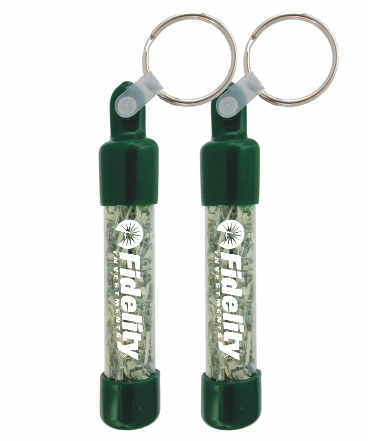 Recycled Cylinder Shaped Key Chain - Filled with Shredded Genuine Currency 1