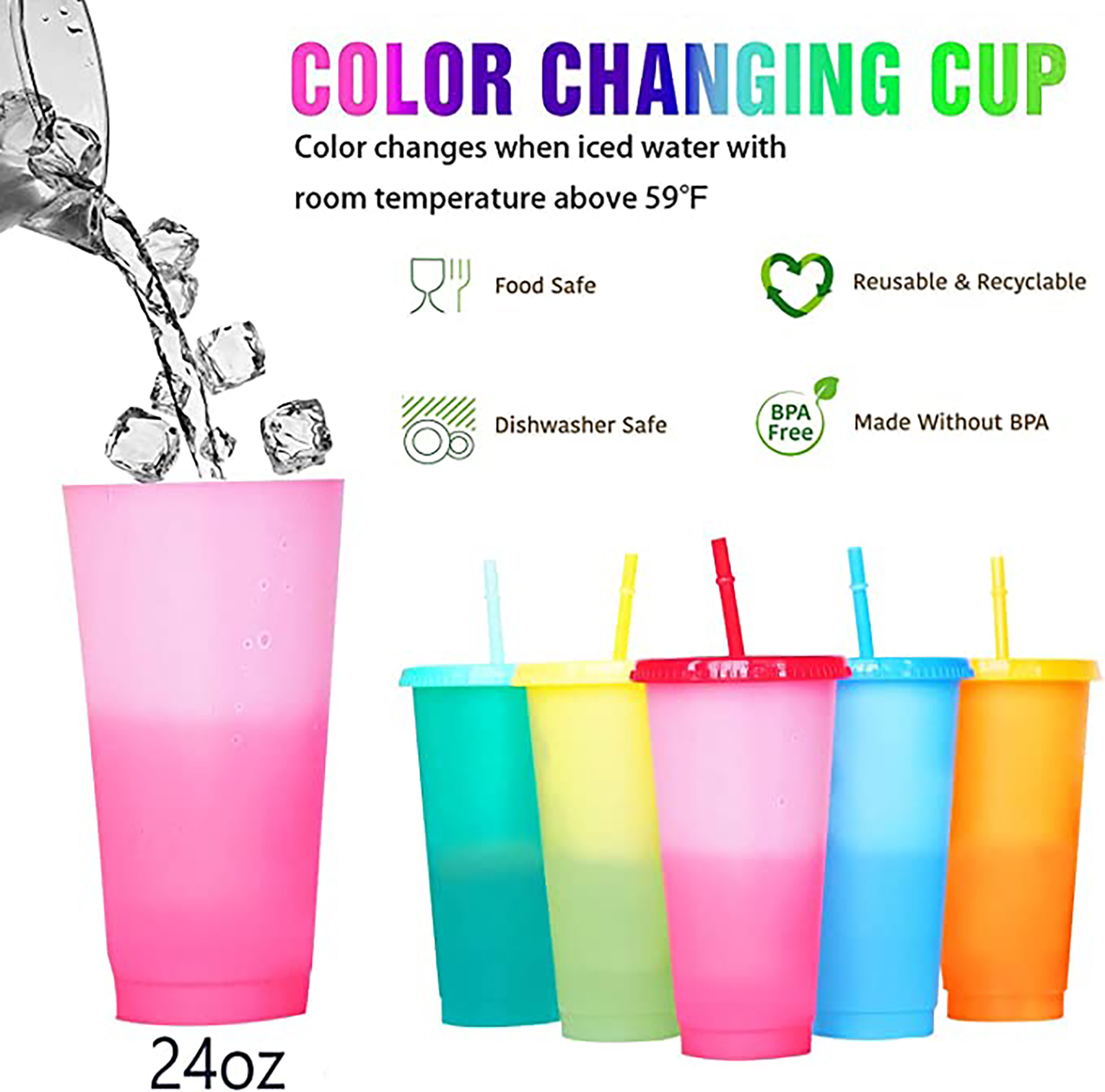 24 OZ Glitter Reusable Color Changing Cups w/ Lids & Straws in Cold Water 4