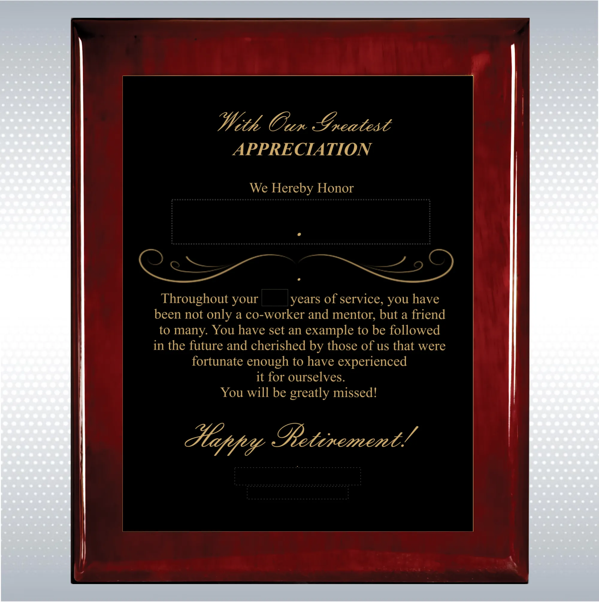 Rosewood Piano Finish Wood Plaque Retirement Gift Award 21