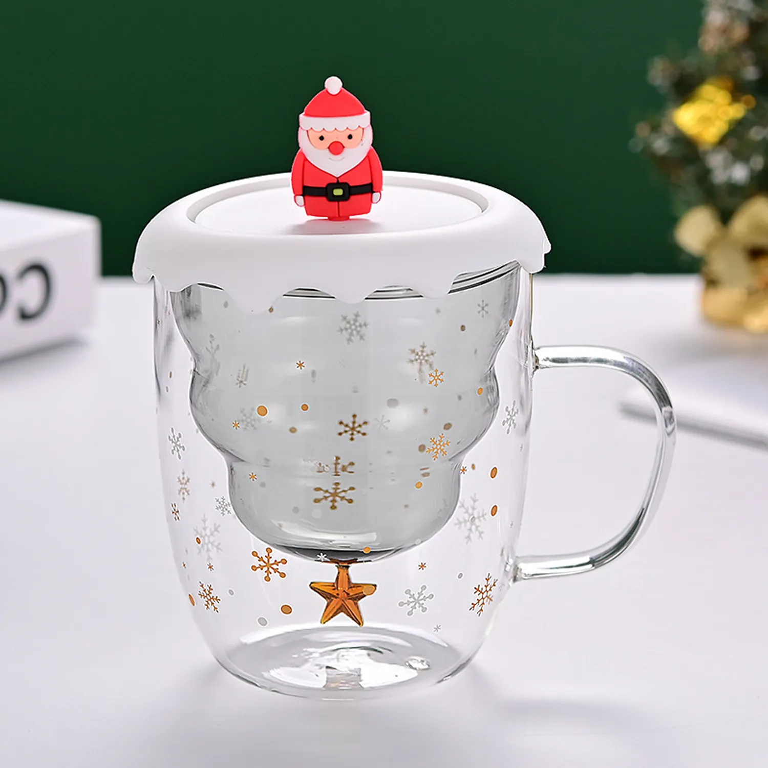 Christmas Tree Double Wall Insulated Glasses Mugs with Lid 2