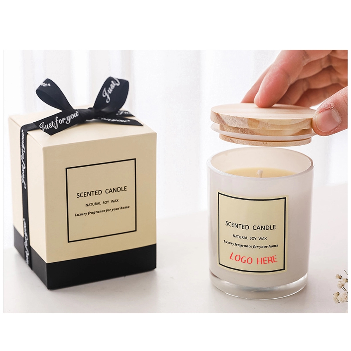 White Glass Scented Candle With Wooden Lid 2