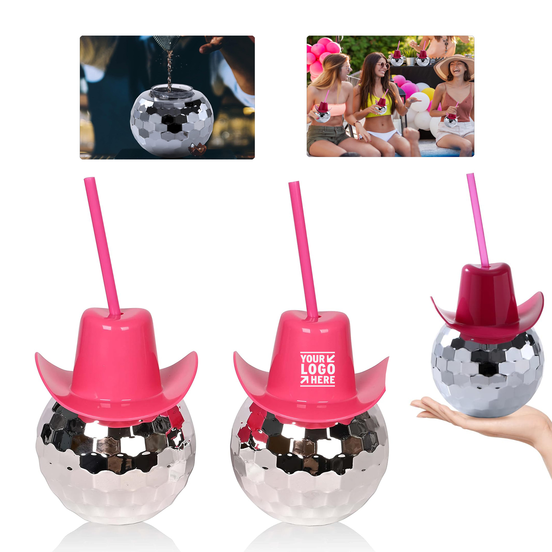 17 oz Holiday Party Silver Disco Ball Drink Tumbler with Straw 2